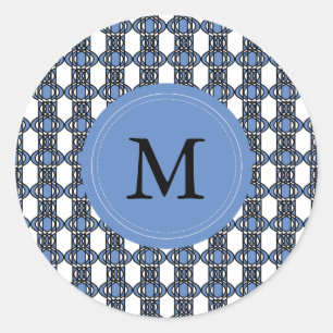 Custom Blue Abstract Scarab Pattern Monogram Classic Round Sticker