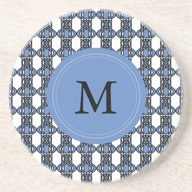 Custom Blue Abstract Scarab Pattern Monogram Coaster (Front)