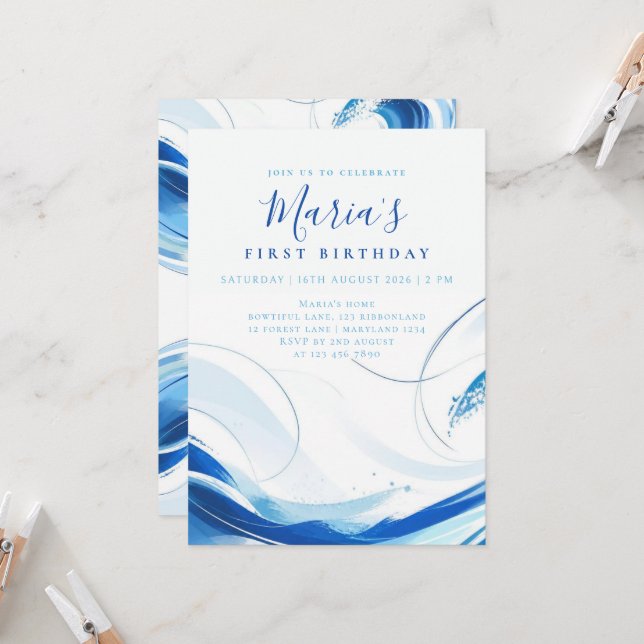 Custom Blue Abstract Wave First Birthday Invitation (Front/Back In Situ)
