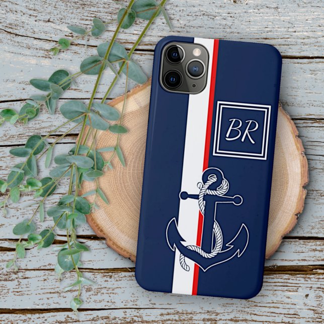 Custom Blue Anchor Red White Stripes Art Pattern Case-Mate iPhone Case (Creator Uploaded)