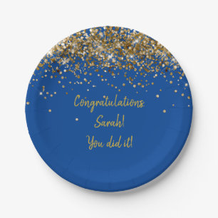 Custom Blue and Gold Graduation Party Glitter Paper Plate