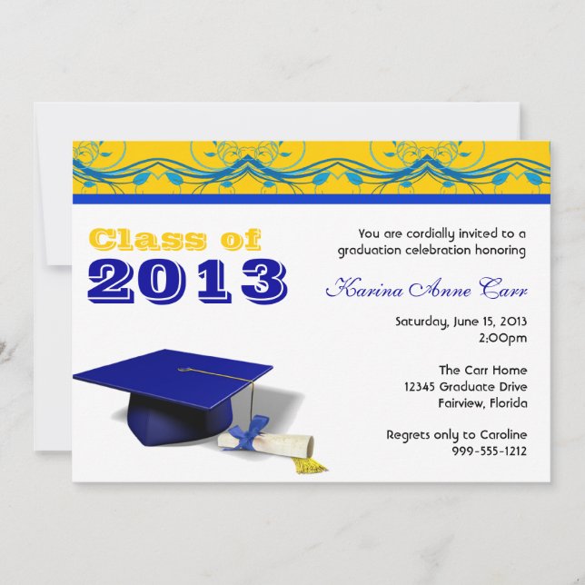 Custom Blue and Gold Graduation Party Invitations (Front)