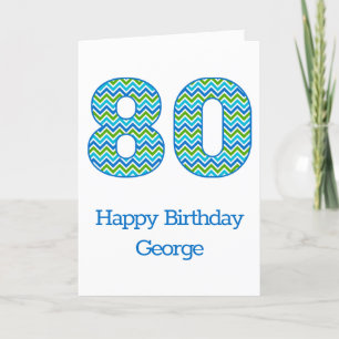 Custom Blue and Green Chevron 80th Birthday Card