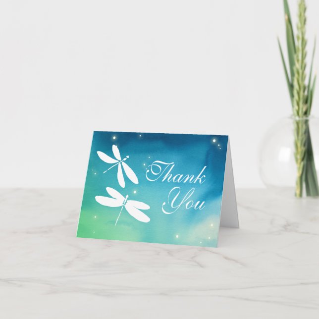Custom Blue and Green Dragonfly Thank You Cards (Front)