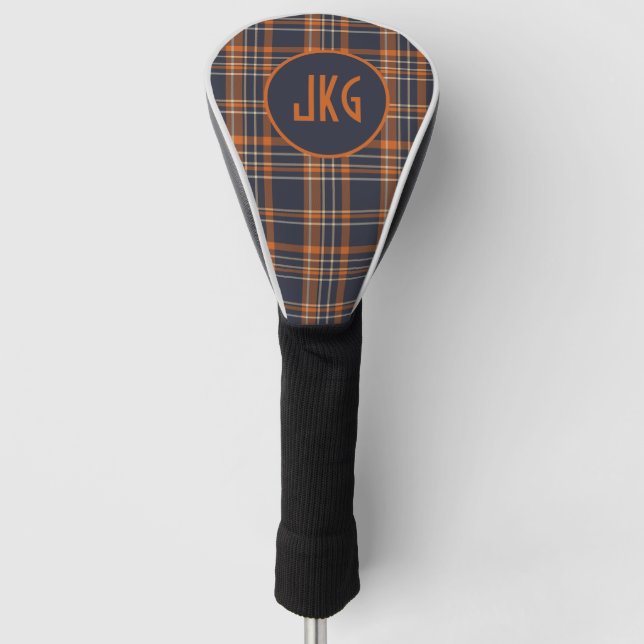 Custom Blue and Orange Monogram Tartan Plaid Golf Head Cover (Front)
