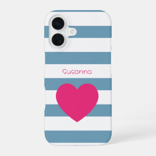Custom Blue and White Bold Striped Pink Heart iPhone 16 Case