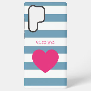 Custom Blue and White Bold Striped Pink Heart Samsung Galaxy Case