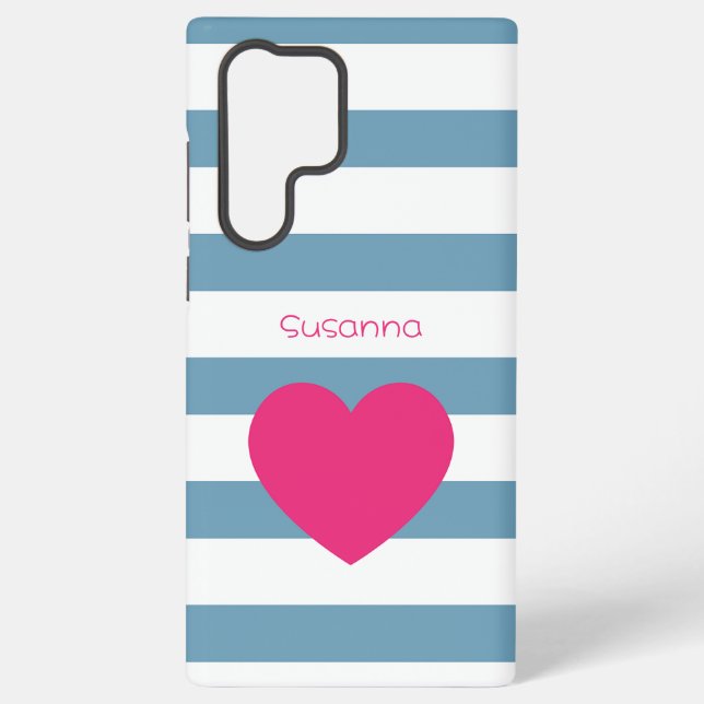 Custom Blue and White Bold Striped Pink Heart  Samsung Galaxy S22 Ultra Case (Back)