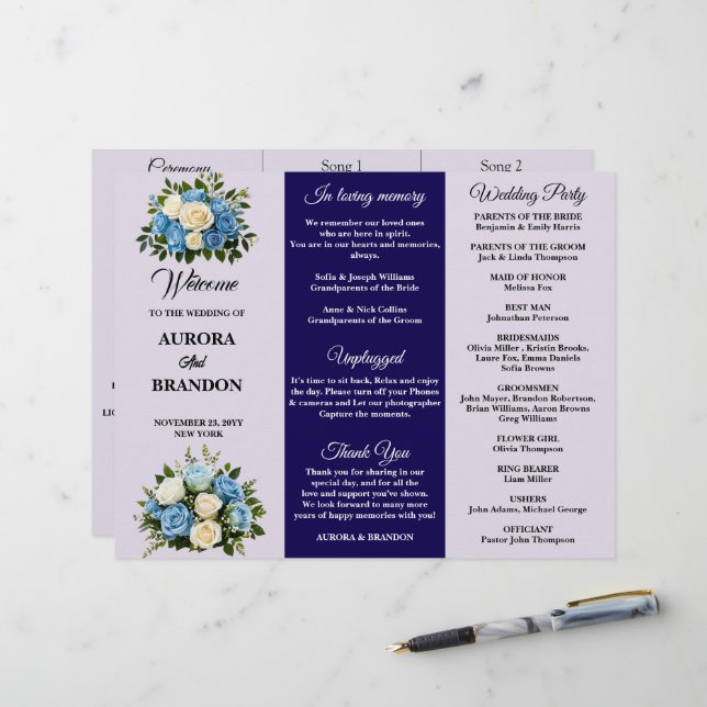 Custom Blue and White Floral Wedding Program (Front/Back In Situ)