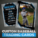 Custom Blue Baseball Trading Card Baseball Player<br><div class="desc">Showcase your love for the game with this stylish and customizable baseball trading card. Featuring a bold, modern design with a sleek black and Blue colour scheme, this card is perfect for honouring your favourite player. Easily add your own photo, player name, team name, and stats for a personalized touch....</div>
