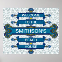 Custom Blue Beach House Sign with Scallop Swirls