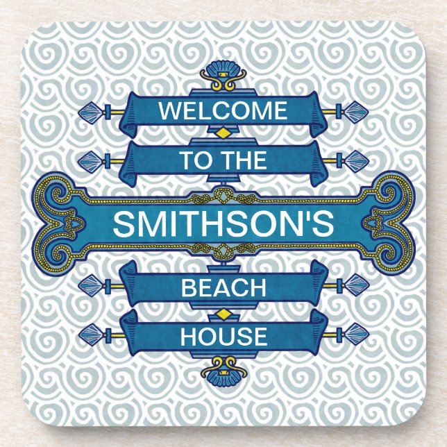 Custom Blue Beach House Sign with Scallop Swirls Coaster (Front)