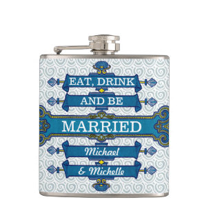 Custom Blue Beach Wedding Name Hip Flask