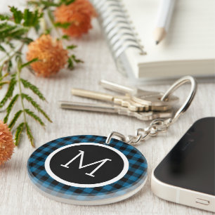 Custom Blue Black Buffalo Check Plaid Pattern Keychain