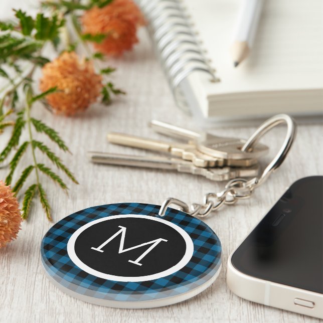 Custom Blue Black Buffalo Check Plaid Pattern Keychain (Front Right)