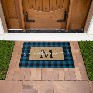 Custom Blue Black Buffalo Check Tartan Pattern Doormat