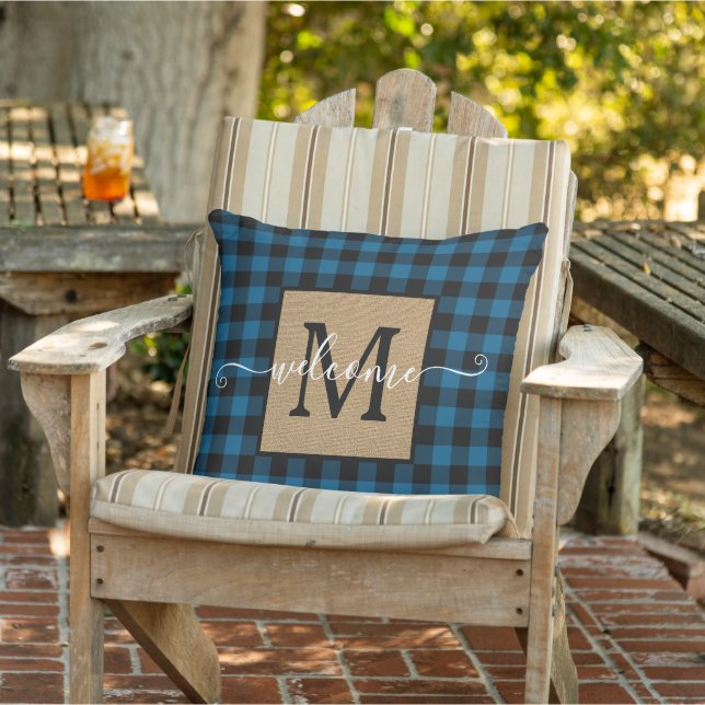 Custom Blue Black Buffalo Check Tartan Pattern Outdoor Pillow (Chair)