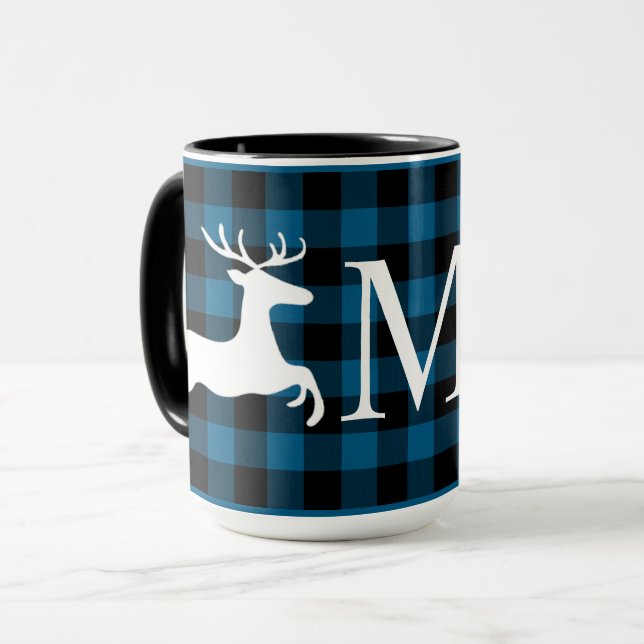 Custom Blue Black Buffalo Lumberjack Check Plaid Mug (Front Left)