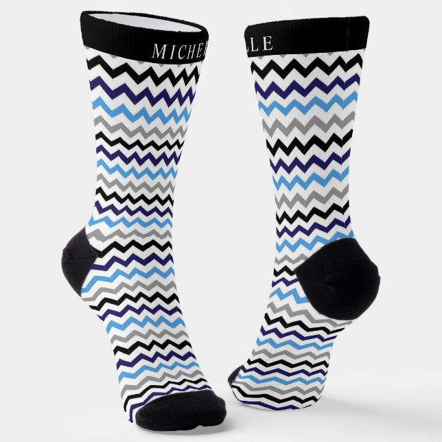 Custom Blue Black White Grey Chevron Pattern Socks (Angled)