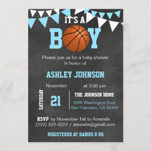 Custom Blue Boy Basketball Baby Shower Invitations
