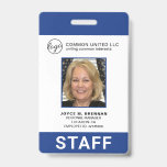 Custom Blue Business Logo Employee Photo ID Badge<br><div class="desc">Corporate photo ID badge in a vertical layout. This simple yet professional design features a blue border on the top and bottom with white in the middle. The template is personalized with your logo, company name, employee name, title, department / location and employee ID. The bottom border has "STAFF" in...</div>