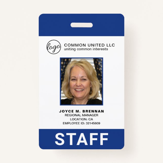 Custom Blue Business Logo Employee Photo ID Badge (Front)