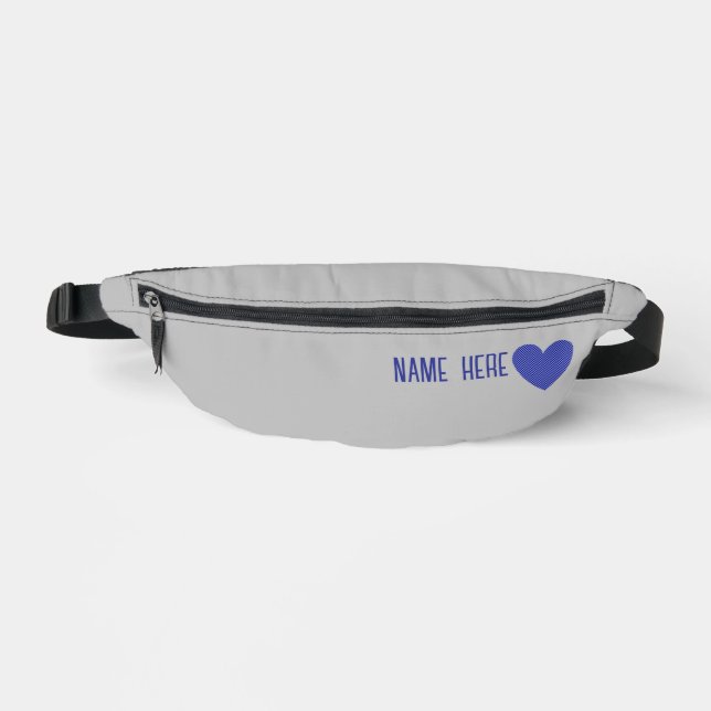 Custom Blue Chequered Pattern Heart Name Grey Fanny Pack (Front)