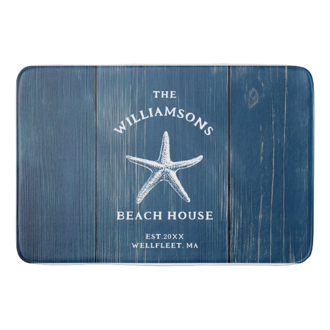 Custom Blue Coastal Starfish Beach House Bath Mat (Front)