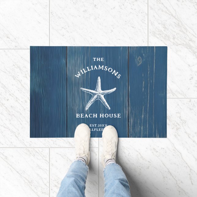 Custom Blue Coastal Starfish Beach House Doormat (Indoor)