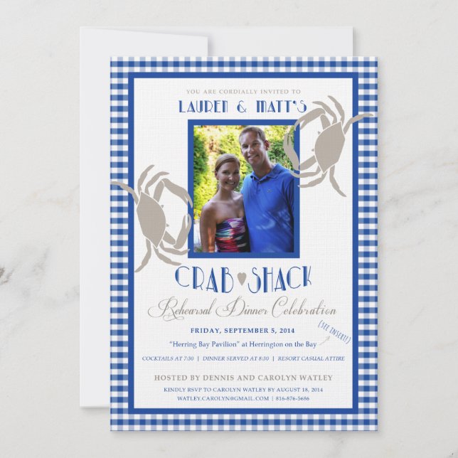 Custom Blue Crab Shack Rehearsal Dinner Invitation (Front)