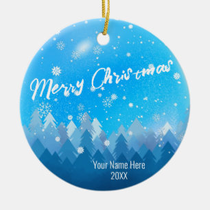 Custom Blue Crystal Snow & Forest Merry Christmas Ceramic Ornament