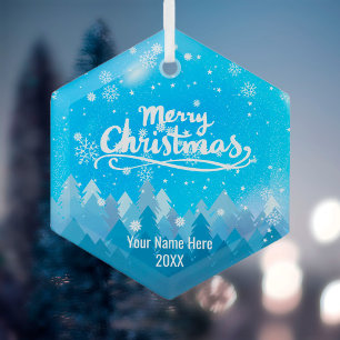 Custom Blue Crystal Snow & Forest Merry Christmas Glass Ornament