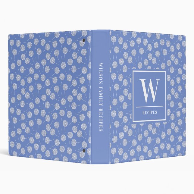 Custom Blue Dandelion Monogrammed Recipe Binder (Background)