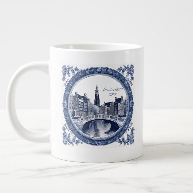 Custom Blue Delft Amsterdam Souvenir Large Coffee Mug (Left)
