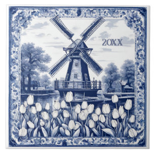 Custom Blue Delft Holland Windmill  Tile