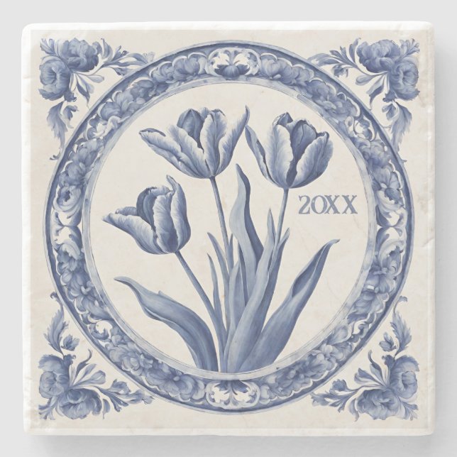Custom Blue Delft Tulips Souvenir Stone Coaster (Front)
