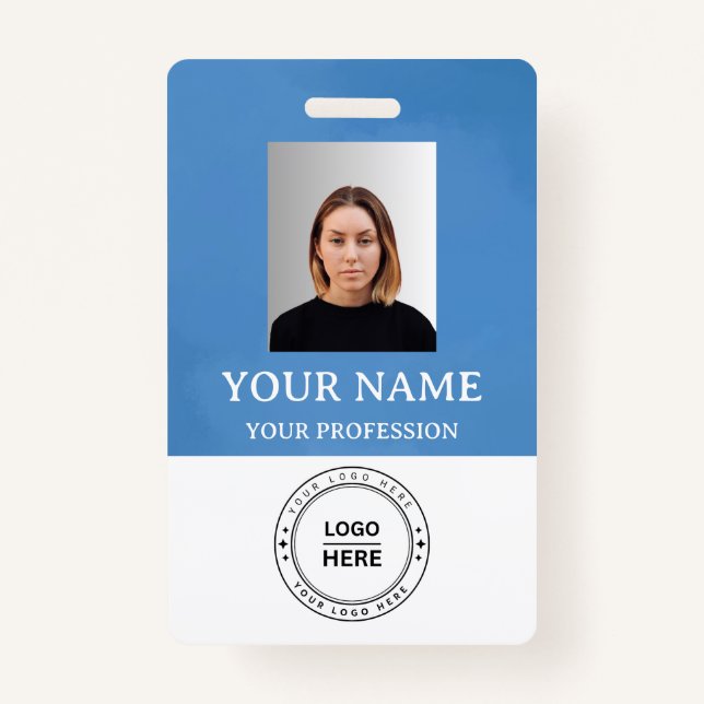 Custom Blue Employee Name Badge with Photo,Logo,QR (Front)