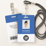 Custom Blue Employee Photo, Bar Code, Logo, Name Badge<br><div class="desc">Easily personalize this Custom Employee Name Badge with Photo, Scan Bar Code and business logo. A simple business design in vibrant blue and white colours fully customizable in front and back sizes, sans-serif basic and modern fonts and a professional and clear look. Avaiable with lanyard, metal clip or with retractable....</div>