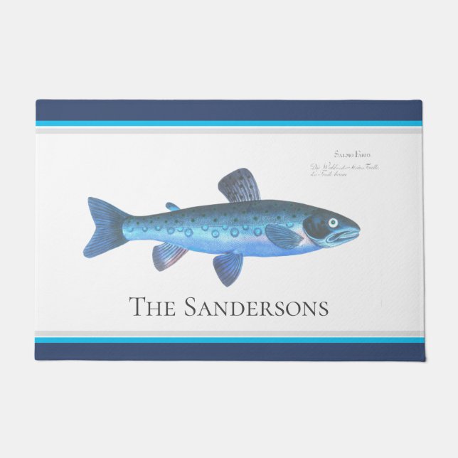 Custom Blue Fish Modern Coastal Navy Teal Doormat (Front)