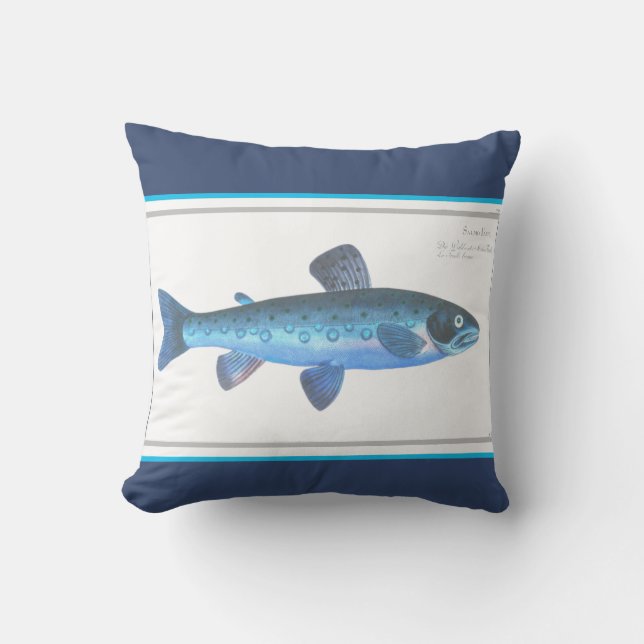 Custom Blue Fish Modern Coastal Navy Teal Throw Pillow (Front)