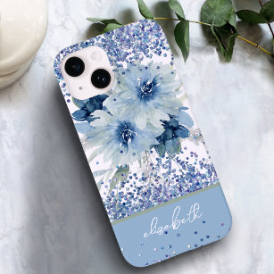 Custom Blue Floral Glitter Personalized Name Case-Mate iPhone 14 Case