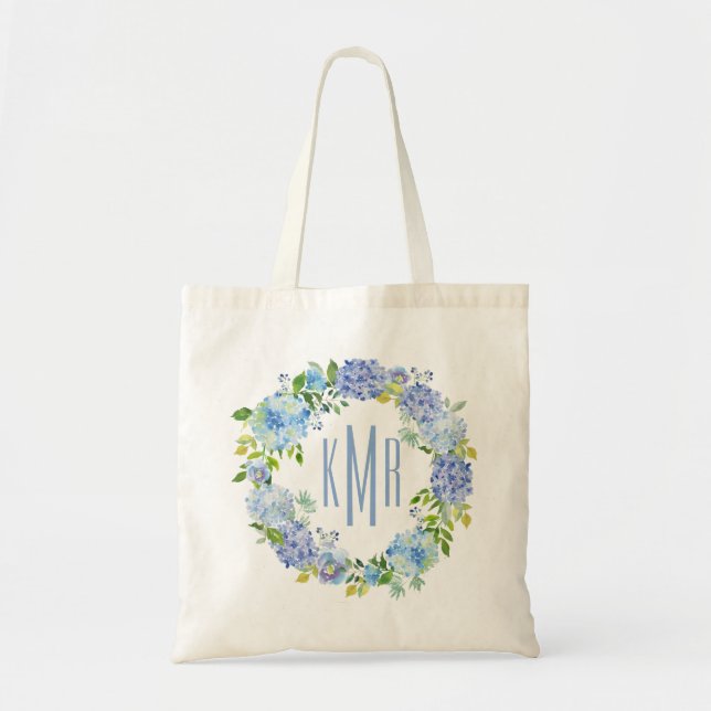 Custom Blue Floral hydrangea Monogram Tote Bag (Front)