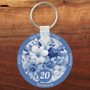 Custom Blue Floral Recovery Milestone Gift Keychain