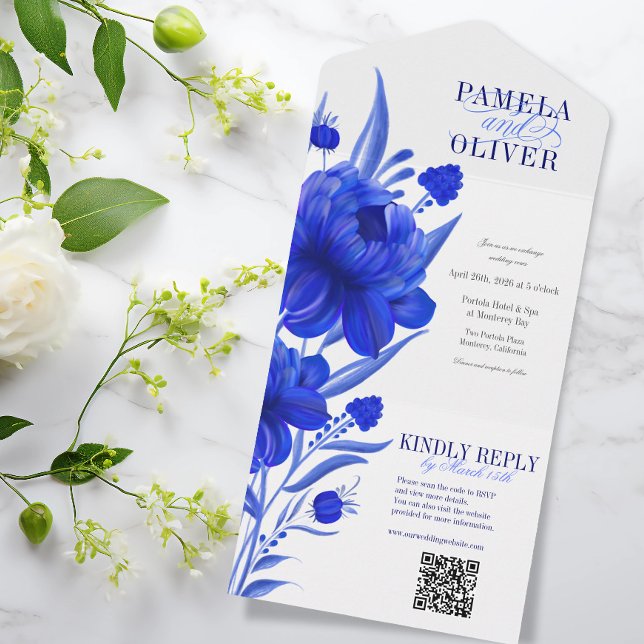 Custom Blue Floral with QR RSVP All In One Invitation (Creator Uploaded)