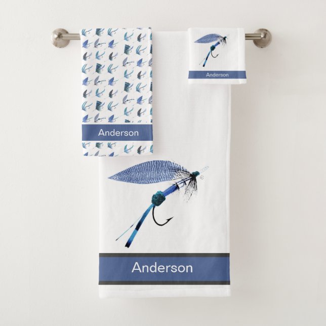 Custom Blue Fly Fishing Flies Coastal Bathroom Bath Towel Set (Insitu)