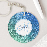 Custom Blue Glitter Mermaid Monogrammed Name Keychain<br><div class="desc">Easily personalize this beautiful sparkly blue faux glitter keychain with your custom monogram and name.</div>