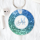 Custom Blue Glitter Mermaid Monogrammed Name Keychain<br><div class="desc">Easily personalize this beautiful sparkly blue faux glitter keychain with your custom monogram and name.</div>