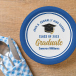 Custom Blue Gold Graduate 2024 Graduation Party Paper Plate<br><div class="desc">These modern blue and gold custom graduation party plates feature classy typography of your university or college name for the class of 2024. Customize with your graduating year next to the chic handwritten script and black grad cap for great personalized congratulations graduate party decor.</div>