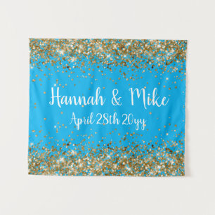 Custom Blue Gold Wedding Backdrop Photo Booth Prop Tapestry