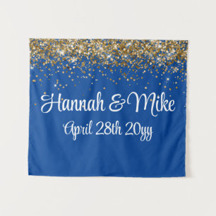 Custom Blue Gold Wedding Backdrop Photo Booth Prop Tapestry